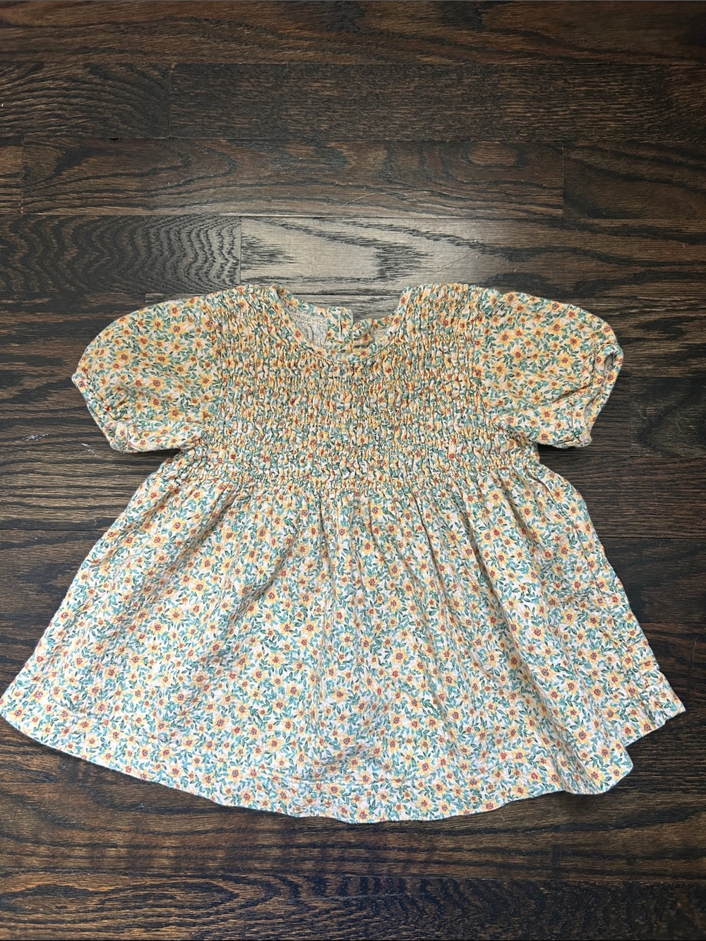Zara Cream Floral Smocked Dress Top with Orange & Green Flowers